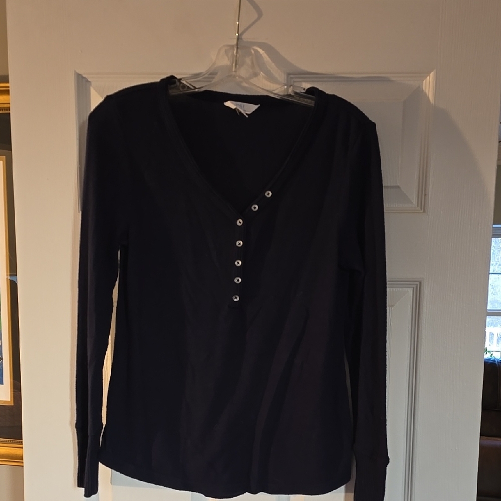 Women's Blue Henley V-Neck Buttoned Top